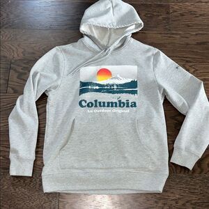 Used Columbia gray grey hoodie hooded mens fleece fishing sweatshirt S Mt Hood